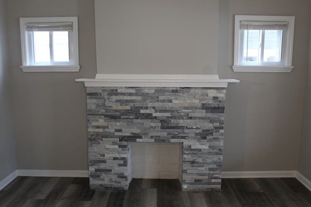 room details featuring a fireplace, baseboards, and wood finished floors