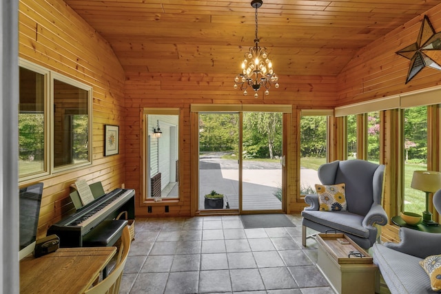 sunroom / solarium featuring lofted ceiling, wooden ceiling, and a notable chandelier