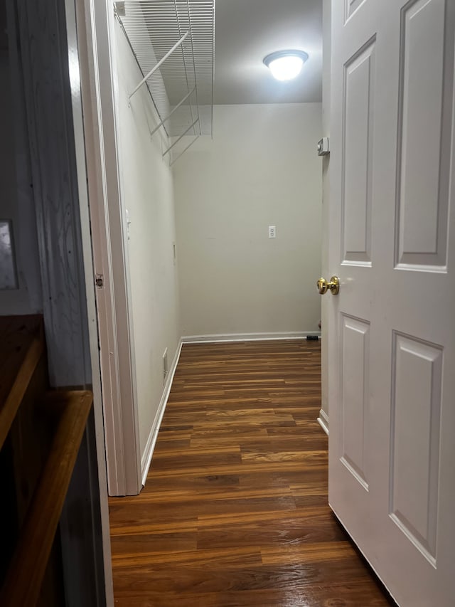 walk in closet with dark wood finished floors