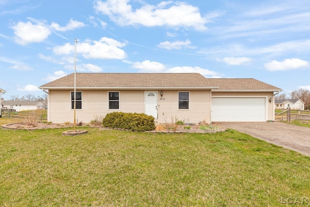 single story home with a garage, driveway, a front lawn, and fence