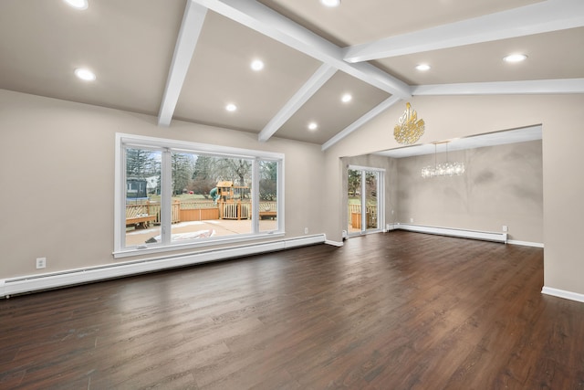 unfurnished living room featuring vaulted ceiling with beams, baseboard heating, dark wood-style floors, and baseboards