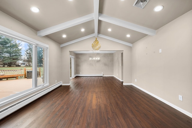 unfurnished living room featuring vaulted ceiling with beams, a baseboard radiator, wood finished floors, baseboards, and baseboard heating