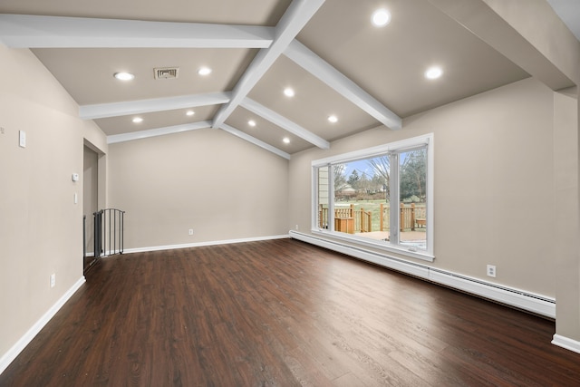 interior space with visible vents, lofted ceiling with beams, a baseboard heating unit, wood finished floors, and baseboards