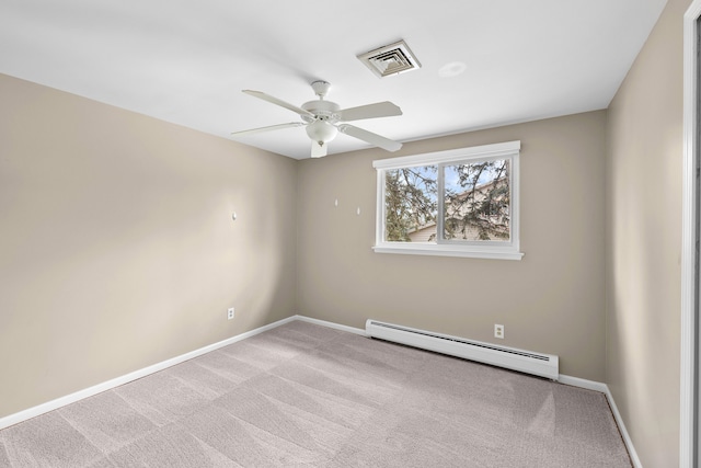 unfurnished room featuring visible vents, baseboards, a baseboard radiator, ceiling fan, and carpet