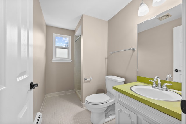 full bathroom featuring visible vents, toilet, tile patterned flooring, vanity, and a walk in shower