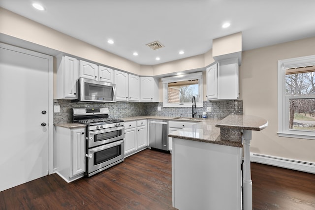 kitchen featuring stainless steel appliances, visible vents, dark wood-type flooring, a sink, and a peninsula