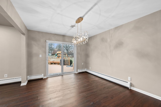 interior space with a baseboard radiator, a baseboard heating unit, wood finished floors, visible vents, and baseboards