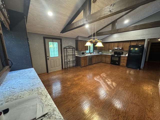 19084 200th Ave, Tustin, MI 49688 - kitchen featuring black appliances, light countertops, under cabinet range hood, dark wood-type flooring, and beamed ceiling