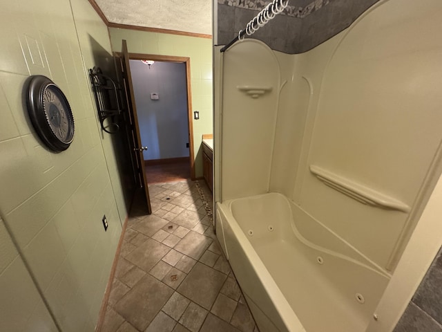 19084 200th Ave, Tustin, MI 49688 - full bath featuring crown molding, a combined bath / shower with jetted tub, and a textured ceiling
