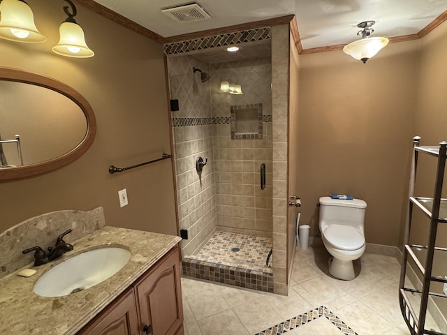 19084 200th Ave, Tustin, MI 49688 - full bathroom with crown molding, vanity, a shower stall, and tile patterned flooring