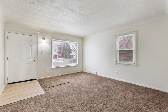 carpeted foyer entrance featuring baseboards, visible vents, and a textured ceiling