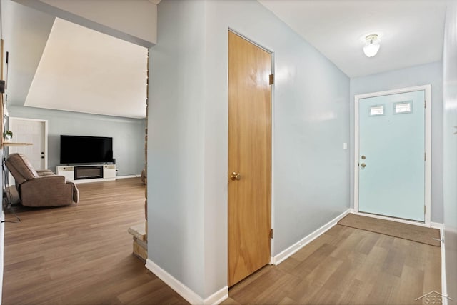 foyer entrance with baseboards and wood finished floors