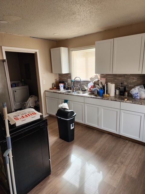 kitchen featuring light wood finished floors, white cabinetry, washer / clothes dryer, and a sink