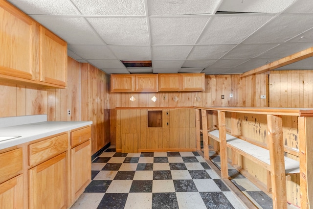 interior space featuring dark floors, light countertops, wood walls, and light brown cabinets