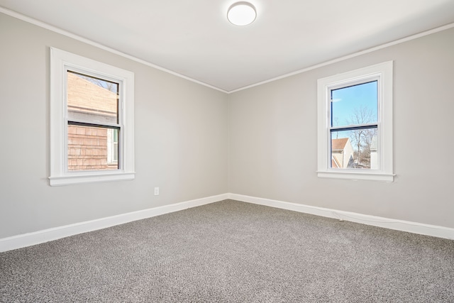 spare room with crown molding, baseboards, and carpet flooring