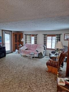 carpeted living room featuring a textured ceiling