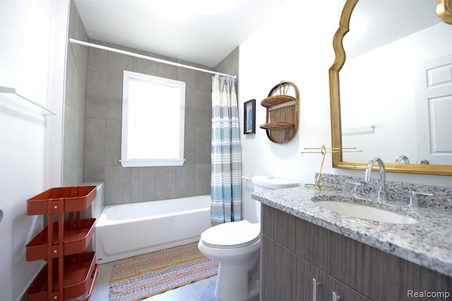 full bathroom with shower / bathtub combination with curtain, vanity, and toilet