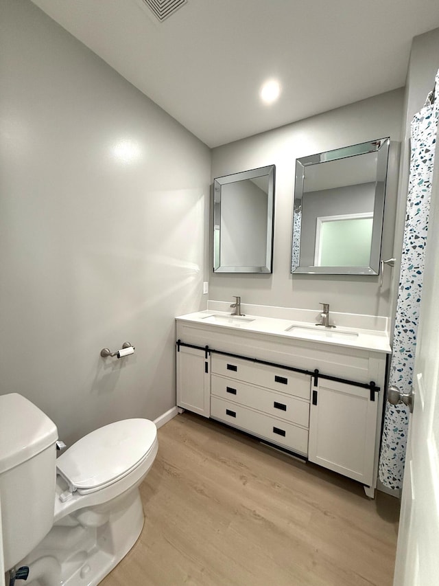 bathroom featuring a sink, double vanity, wood finished floors, and toilet