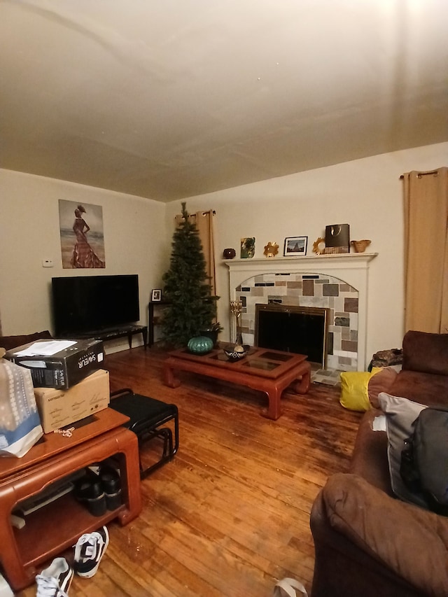 living area featuring wood finished floors and a stone fireplace