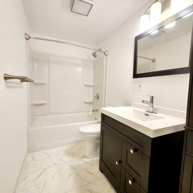 bathroom with toilet, marble finish floor, vanity, and bathing tub / shower combination