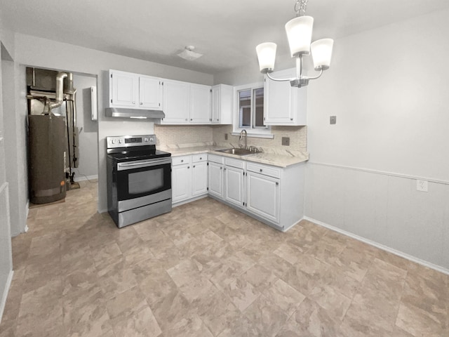 kitchen with a sink, light countertops, stainless steel range with electric cooktop, under cabinet range hood, and gas water heater