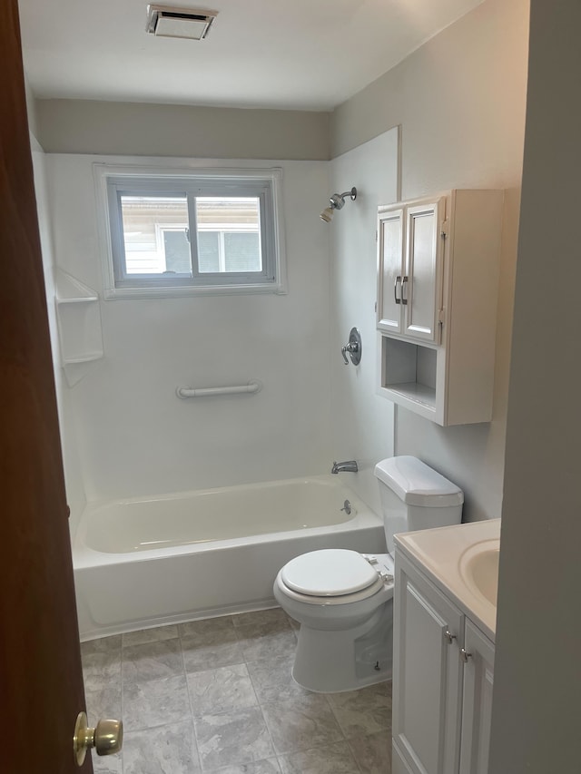 bathroom with toilet, visible vents, shower / washtub combination, and vanity
