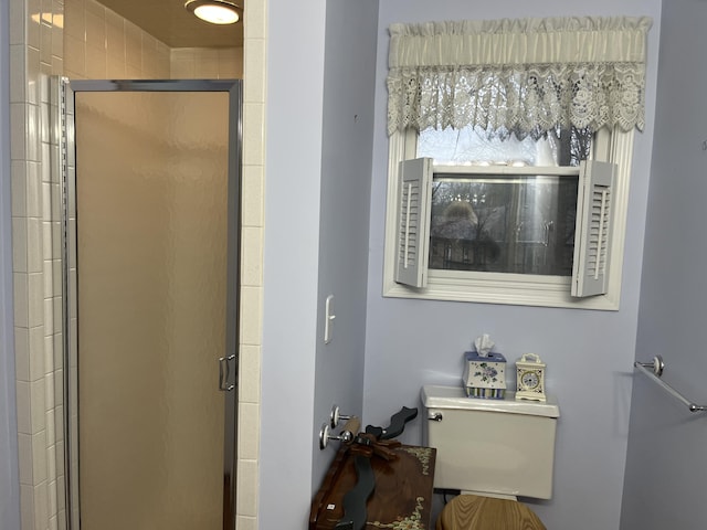 bathroom featuring a stall shower and toilet