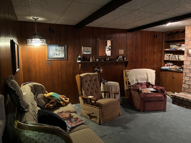 interior space with wood walls and carpet flooring