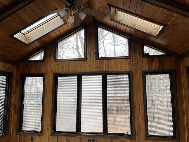 interior space with ceiling fan, a skylight, and wooden ceiling