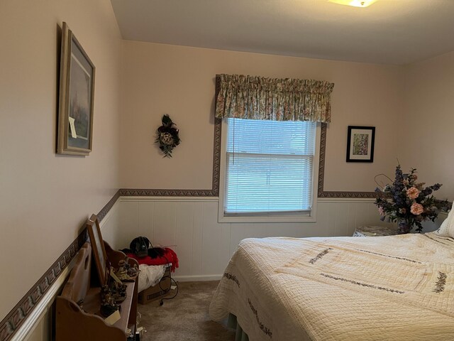 carpeted bedroom with wainscoting