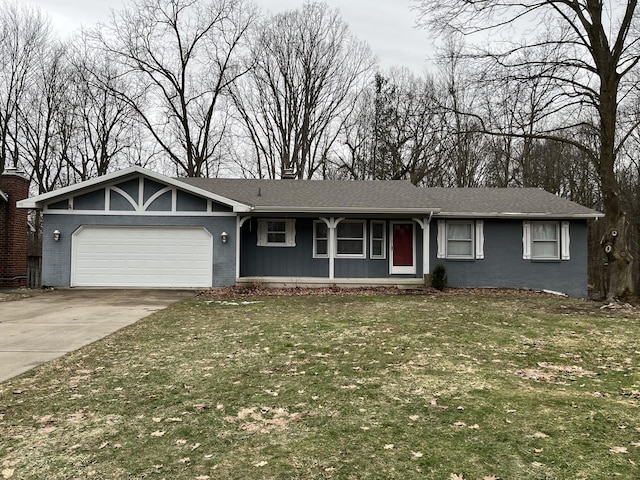 ranch-style home featuring concrete driveway, brick siding, a front lawn, and an attached garage