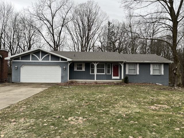 ranch-style house with a garage, a front lawn, concrete driveway, and brick siding