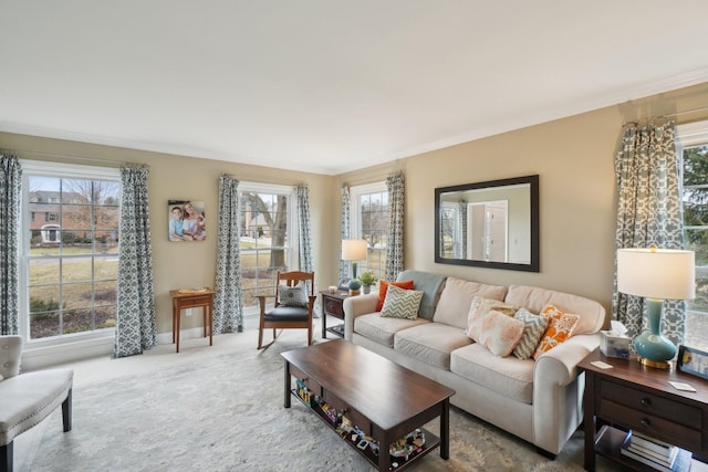 carpeted living area featuring crown molding and plenty of natural light