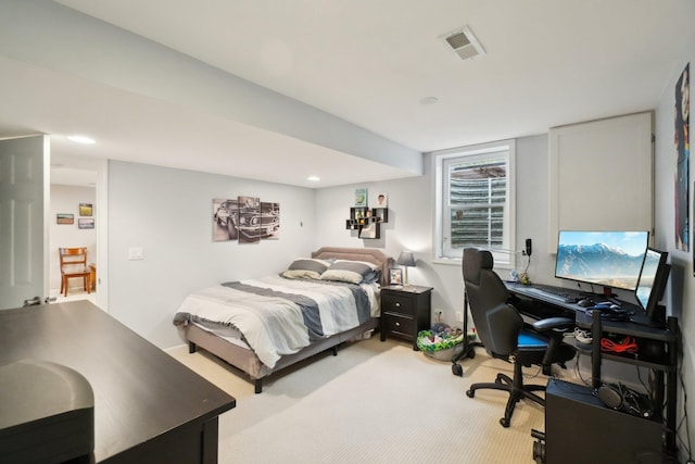 bedroom featuring light colored carpet, visible vents, and recessed lighting