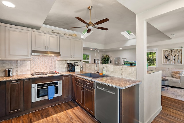 kitchen with plenty of natural light, dark wood finished floors, stainless steel appliances, under cabinet range hood, and a sink