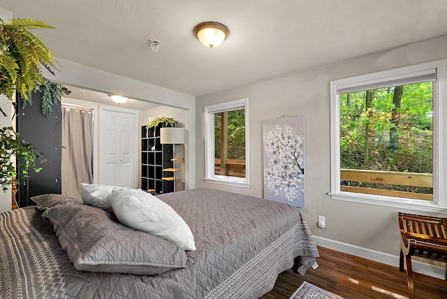 bedroom featuring multiple windows, baseboards, and wood finished floors