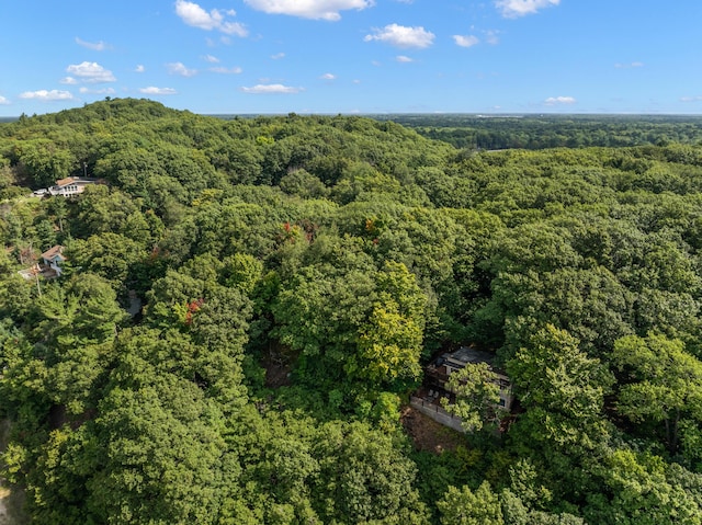 aerial view featuring a wooded view