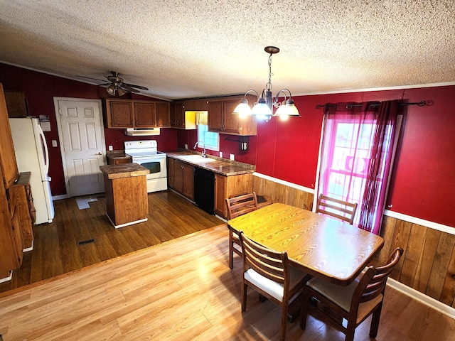 dining area featuring plenty of natural light, dark wood-type flooring, wainscoting, and lofted ceiling