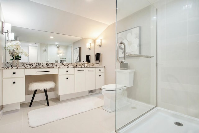 full bath featuring lofted ceiling, tile patterned flooring, toilet, vanity, and a stall shower