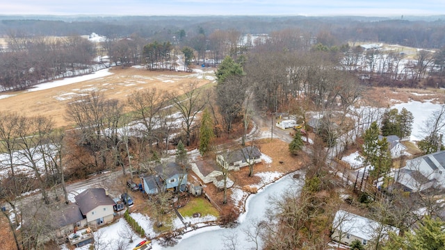 snowy aerial view with a view of trees