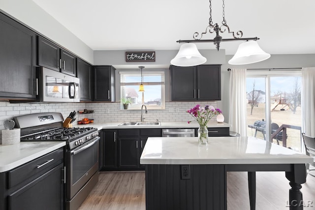 kitchen featuring dark cabinets, stainless steel appliances, a sink, and light countertops