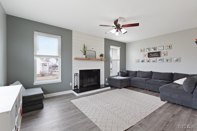 living area with a large fireplace, plenty of natural light, wood finished floors, and a ceiling fan