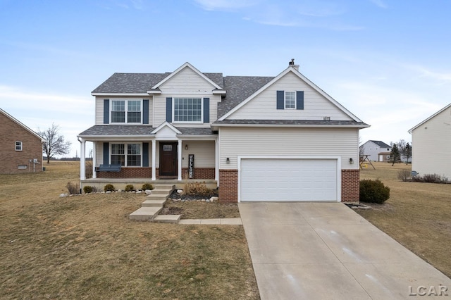 traditional-style house featuring covered porch, concrete driveway, brick siding, and a front yard