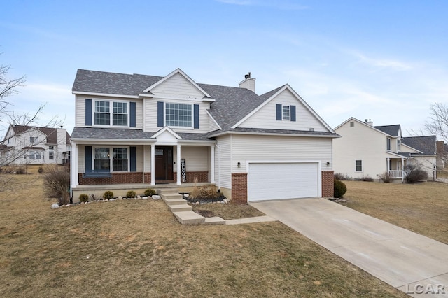 view of front of home with a garage, brick siding, concrete driveway, a chimney, and a front yard