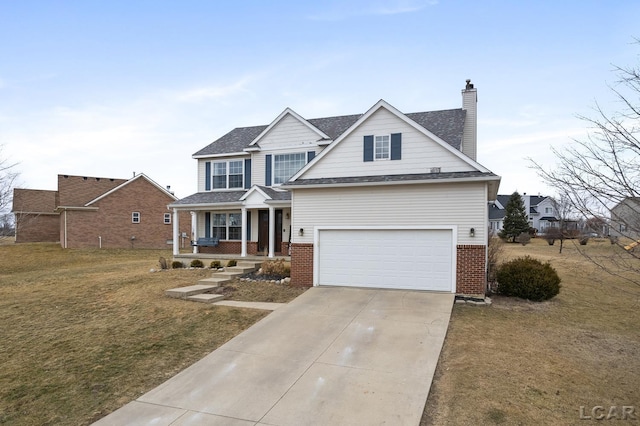 traditional-style home featuring covered porch, brick siding, driveway, and a chimney