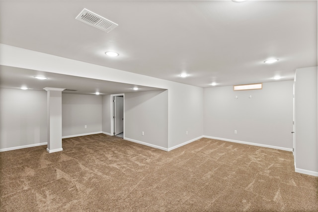 finished basement with recessed lighting, carpet, visible vents, and baseboards