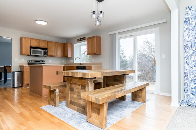 kitchen with stainless steel appliances, light countertops, light wood-style flooring, and pendant lighting