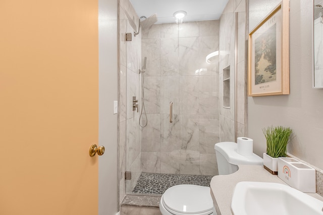 bathroom with toilet, a shower stall, and a sink