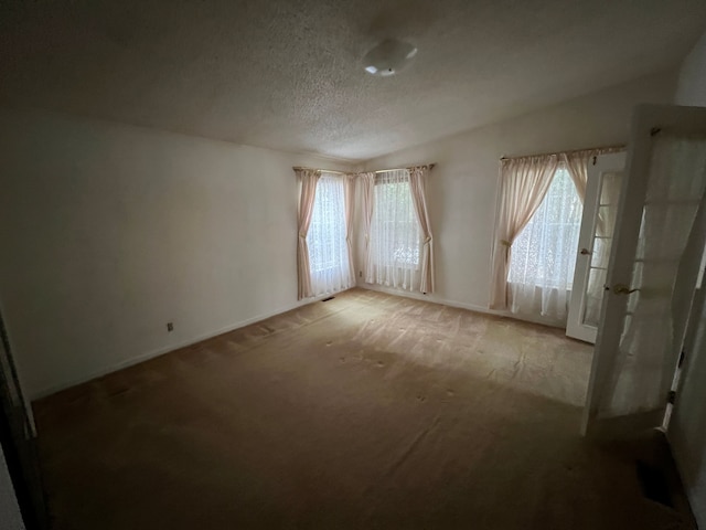 unfurnished room with carpet floors, a wealth of natural light, vaulted ceiling, and a textured ceiling