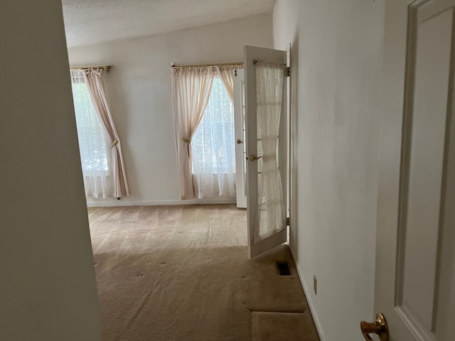 carpeted spare room featuring a textured ceiling, a wealth of natural light, lofted ceiling, and visible vents